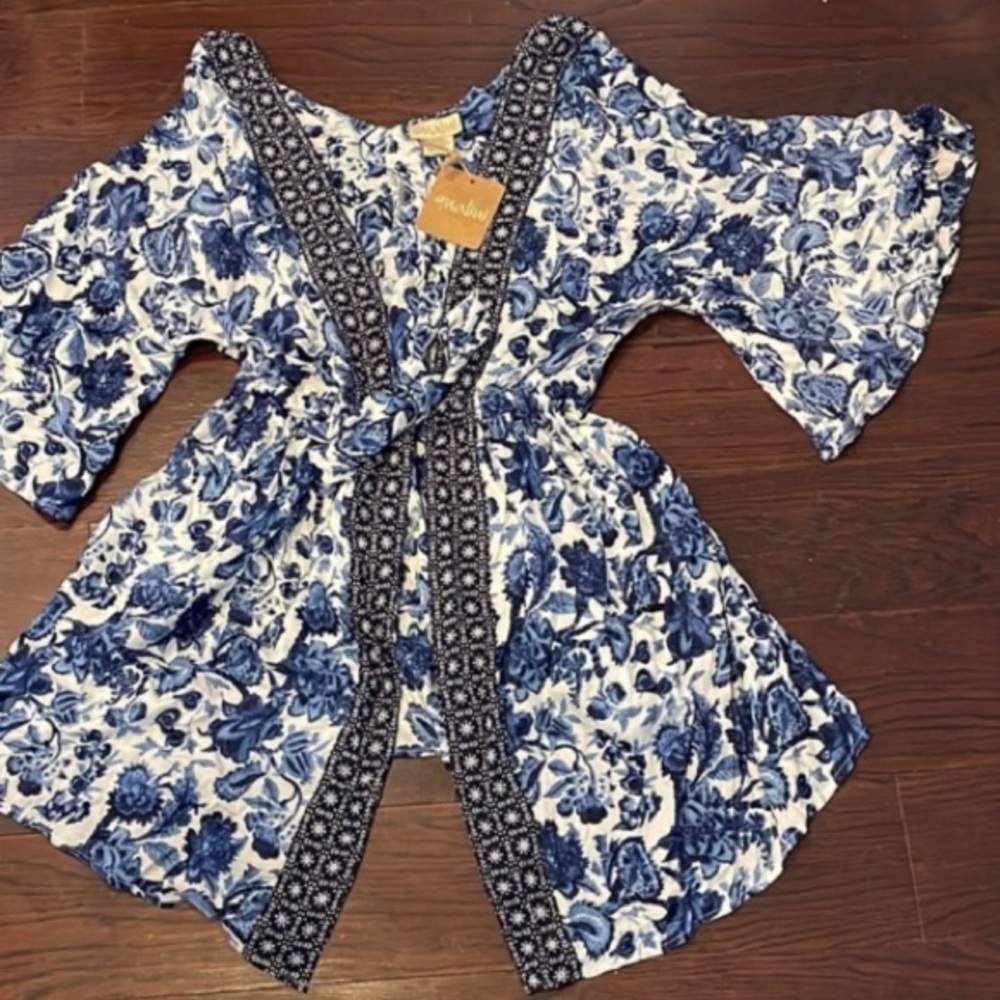 NALINI Top Kimono Rayon Blue White Floral Print Tie Front Size Medium One Size - Picture 6 of 6
